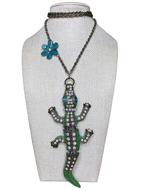 Betsey Johnson Green Crystal Alligator Pendant Necklace with Blue Flower Accent